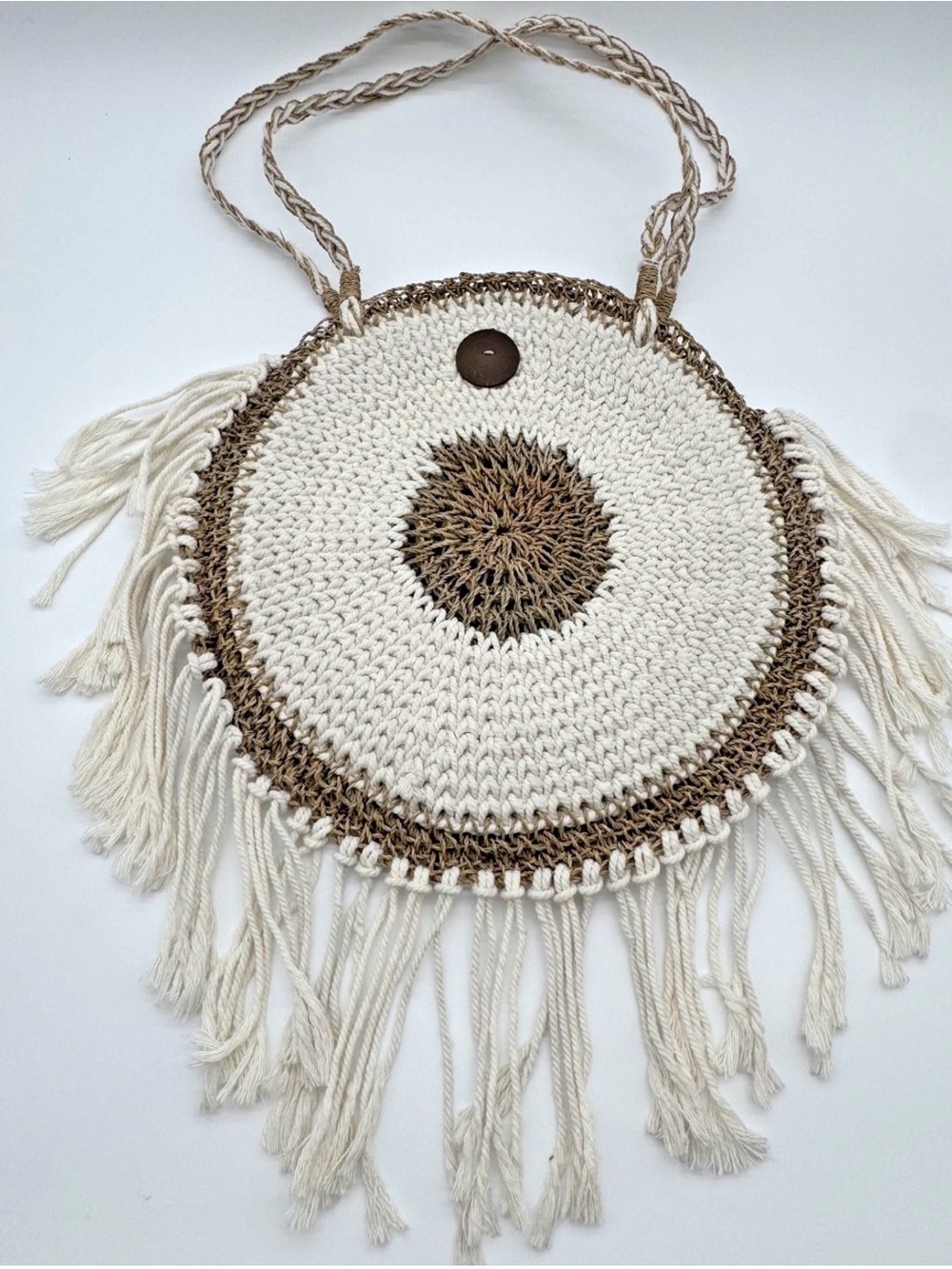 Anthropologie Boho Round Crochet Fringe Shoulder Bag in Cream and Brown